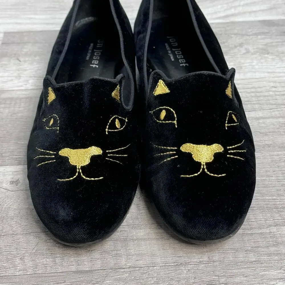 Jon Josef Velvet Gold embroidered Cat loafers Black Made in Spain Womens 9 1/2